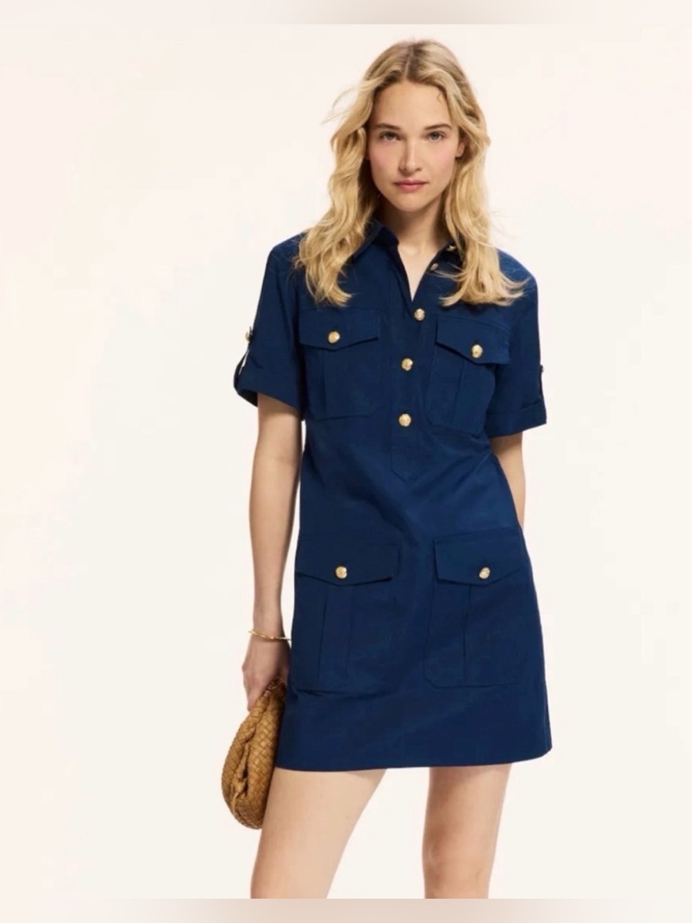 Veronica Beard Navy Short-Sleeve Utility Dress with Gold Buttons